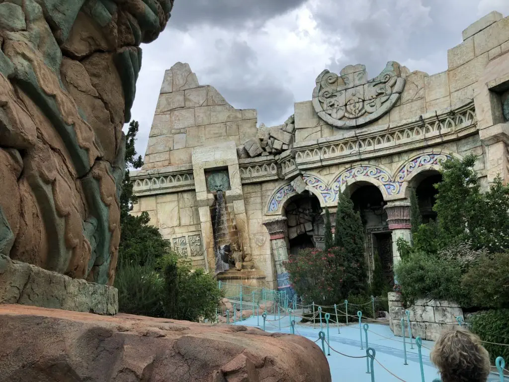 showing ruin temple ride attraction entrance.