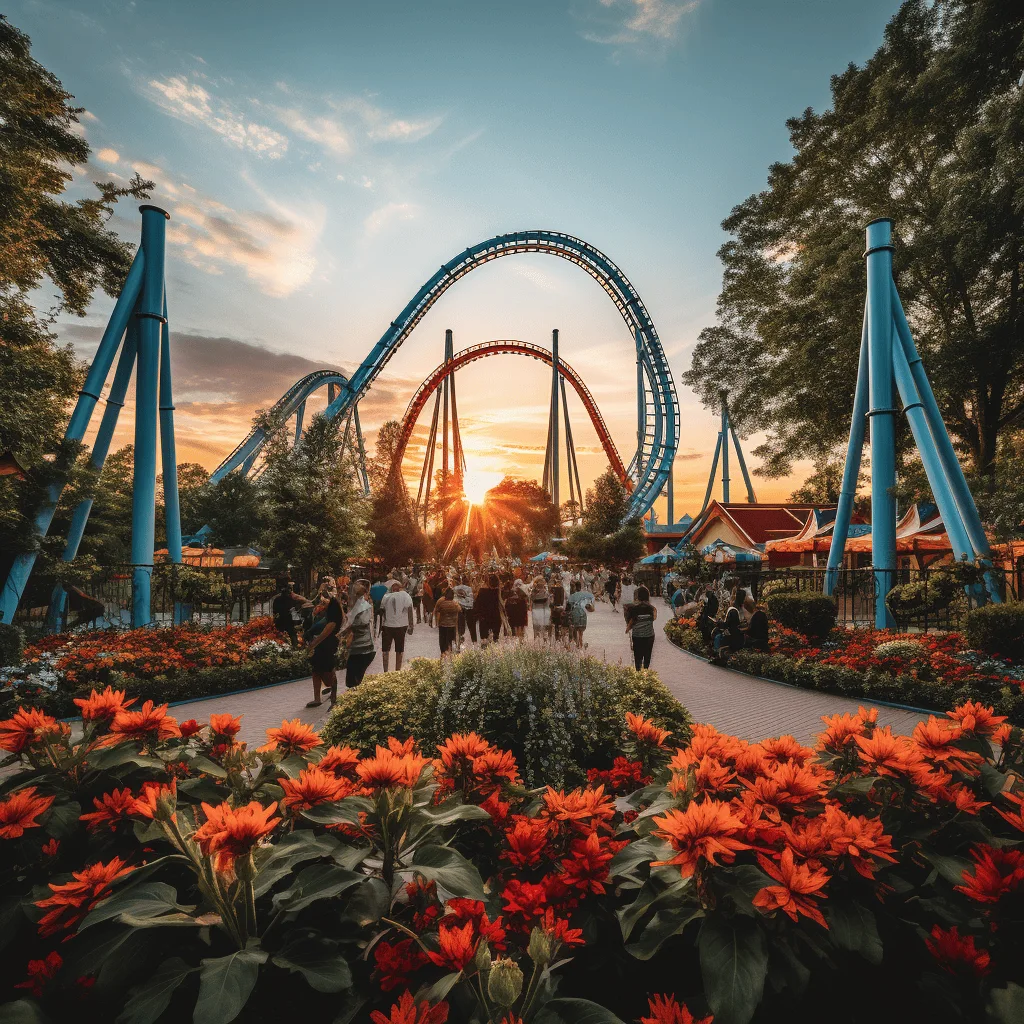 image is of a theme park view of a roller coaster with a path