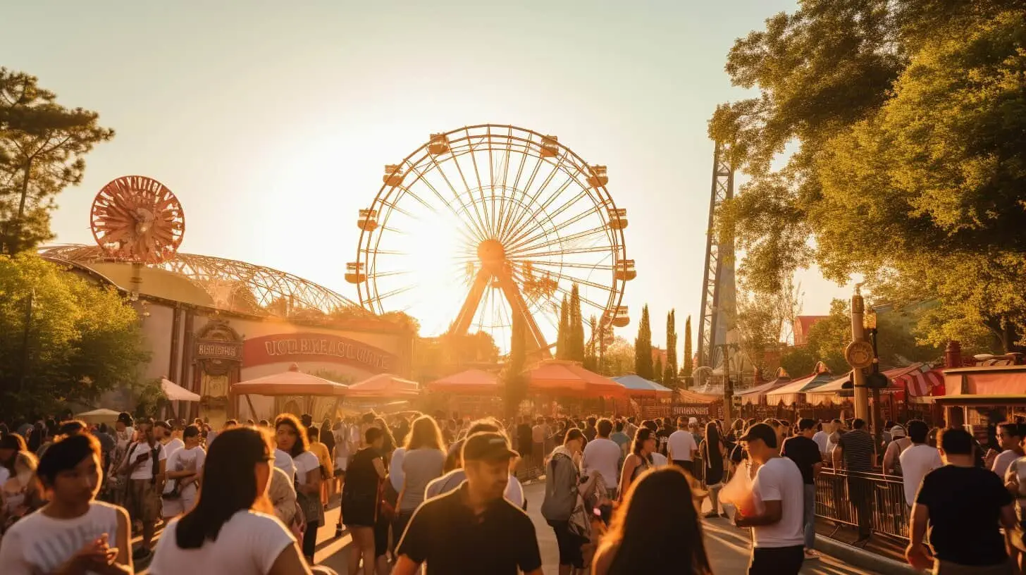 midway of theme park, people walkign around