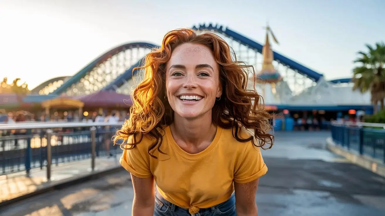 A vibrant, sun-drenched photograph of a smiling woman wearing a bright yellow t-shirt and denim shorts stands in front of the iconic 